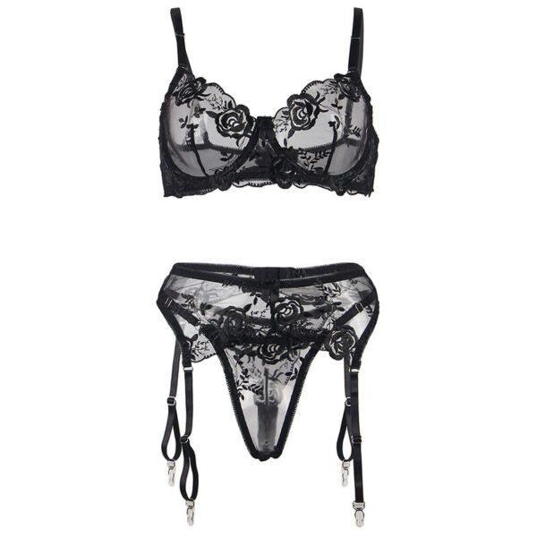 Subblime - Set De 3 Piezas Sujetador + Tanga + Liga Estampado Floral Negro S/M - Imagen 6