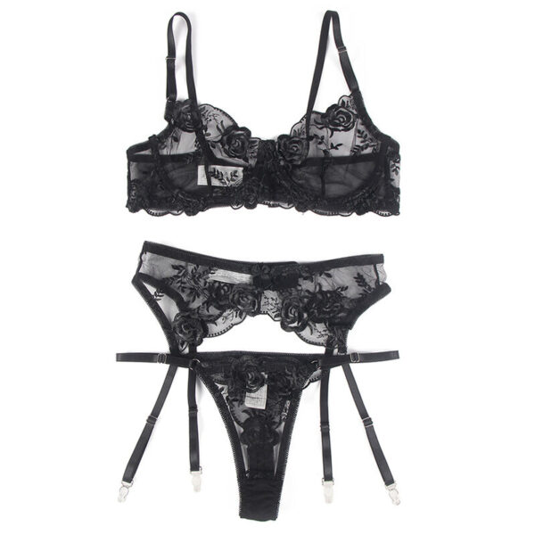 Subblime - Set De 3 Piezas Sujetador + Tanga + Liga Estampado Floral Negro L/Xl - Imagen 6