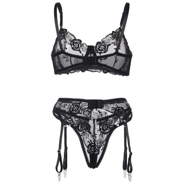 Subblime - Set De 3 Piezas Sujetador + Tanga + Liga Estampado Floral Negro L/Xl - Imagen 8