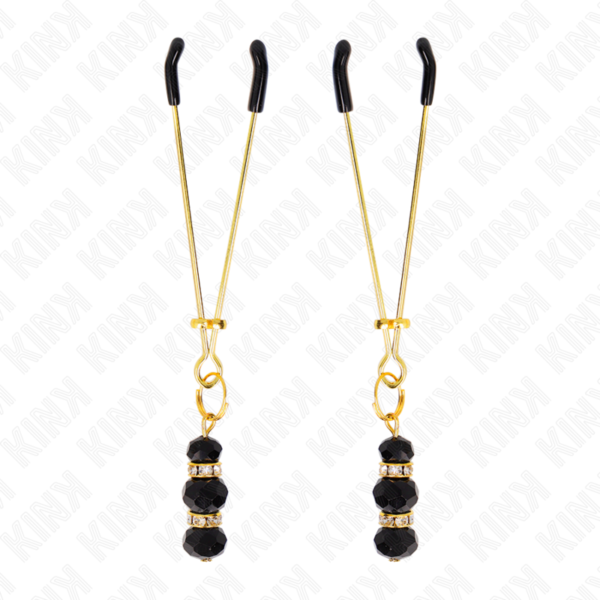 Kink - Pinzas Para Pezones Dorada Fina Con Triple Bola De Vidrio Negro 7 Cm - Imagen 2