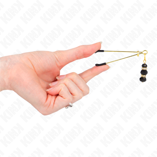 Kink - Pinzas Para Pezones Dorada Fina Con Triple Bola De Vidrio Negro 7 Cm - Imagen 4