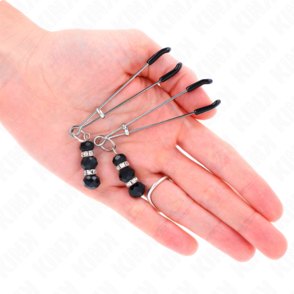 Kink - Pinzas Para Pezones Plateada Fina Con Triple Bola De Vidrio Negro 7 Cm - Imagen 3