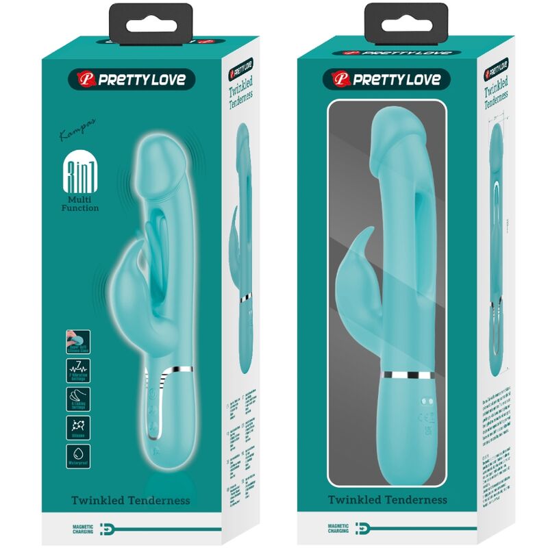 PRETTY LOVE - KAMPAS VIBRADOR RABBIT 3 EN 1 MULTIFUNCIÓN CON LENGUA VERDE AGUA - Imagen 11