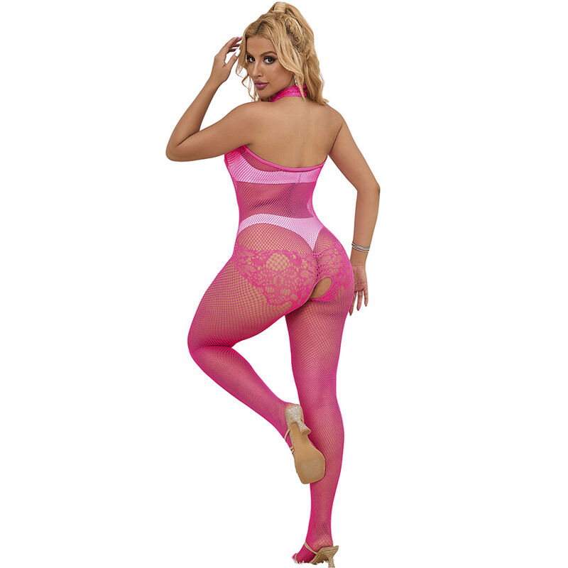 SUBBLIME - 952389 BODYSTOCKING CROTCHLESS DE REJILLA Y ENCAJE CON CUELLO ALTO ROSA TALLA ÚNICA - Imagen 8