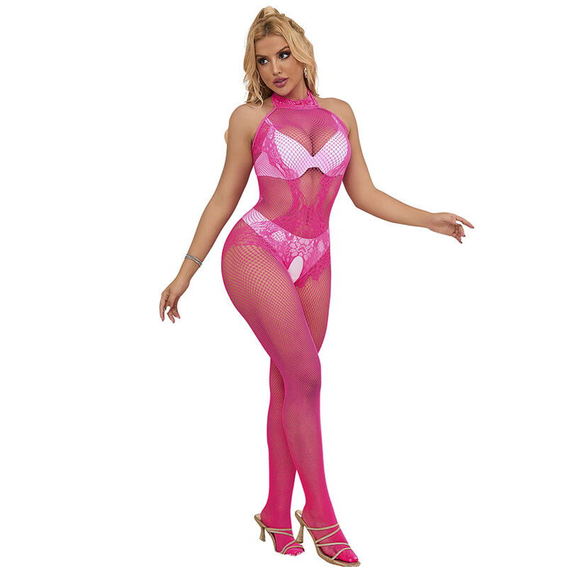SUBBLIME - 952389 BODYSTOCKING CROTCHLESS DE REJILLA Y ENCAJE CON CUELLO ALTO ROSA TALLA ÚNICA - Imagen 11