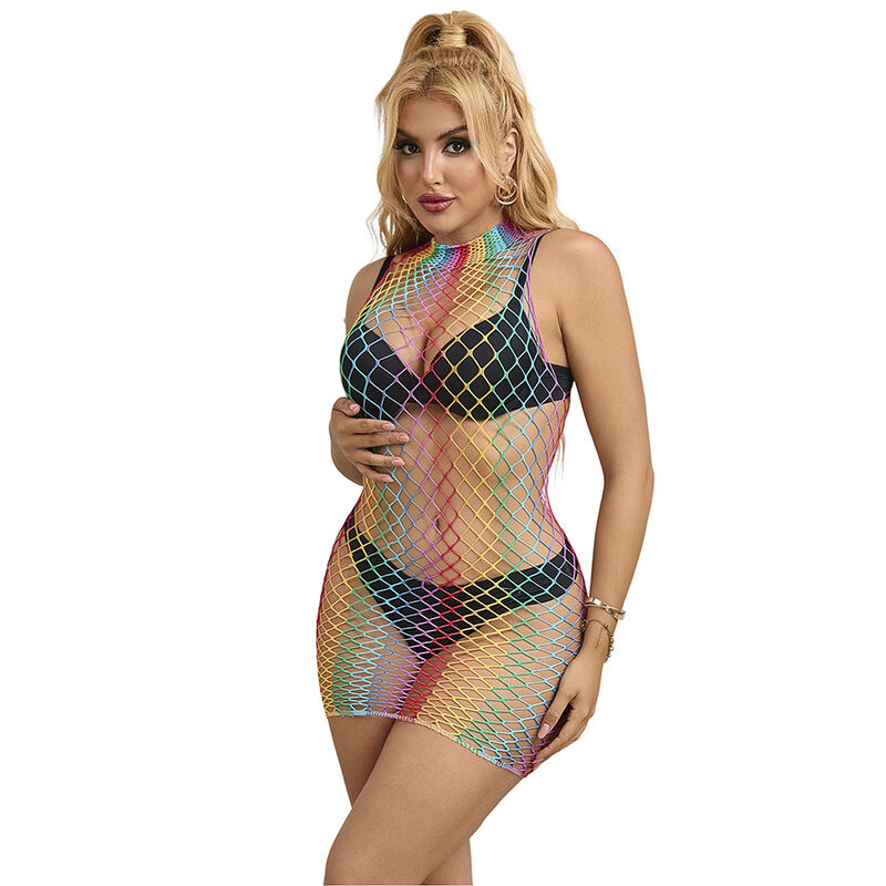 SUBBLIME – 952433 VESTIDO DE REJILLA SIN MANGAS CON CUELLO ALTO ARCOIRIS TALLA ÚNICA