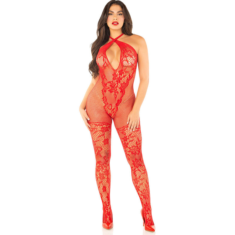 LEG AVENUE – BODYSTOCKING DE REJILLA CON ESTAMPADO DE FLORES ROJO TALLA ÚNICA