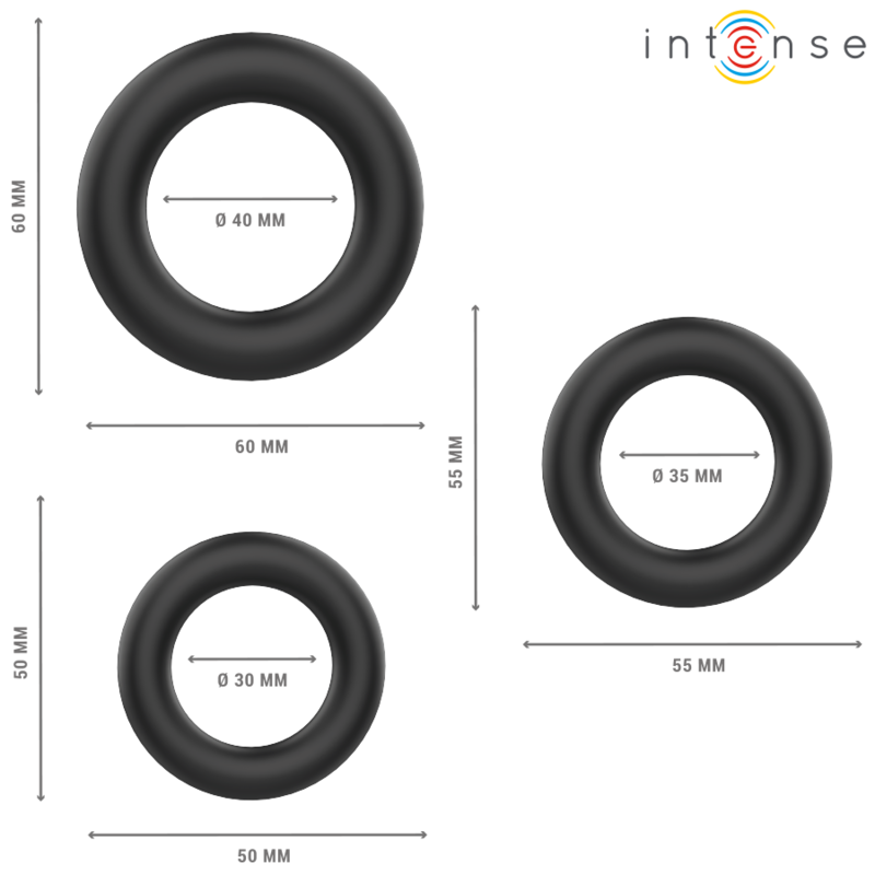 INTENSE - HUGH 3 ANILLOS BÁSICOS PARA PENE SILICONA NEGRO - Imagen 5