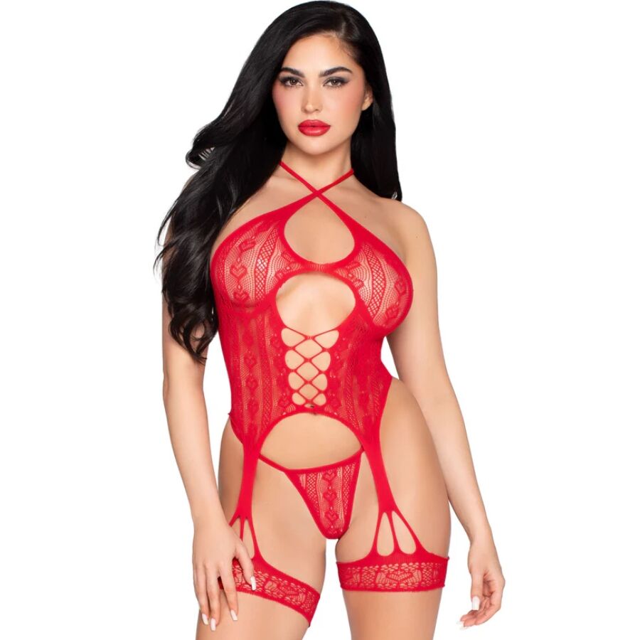 LEG AVENUE – 89338 SET BODY ABIERTO CON LIGUERO + TANGA DE ENCAJE ROJO – TALLA ÚNICA