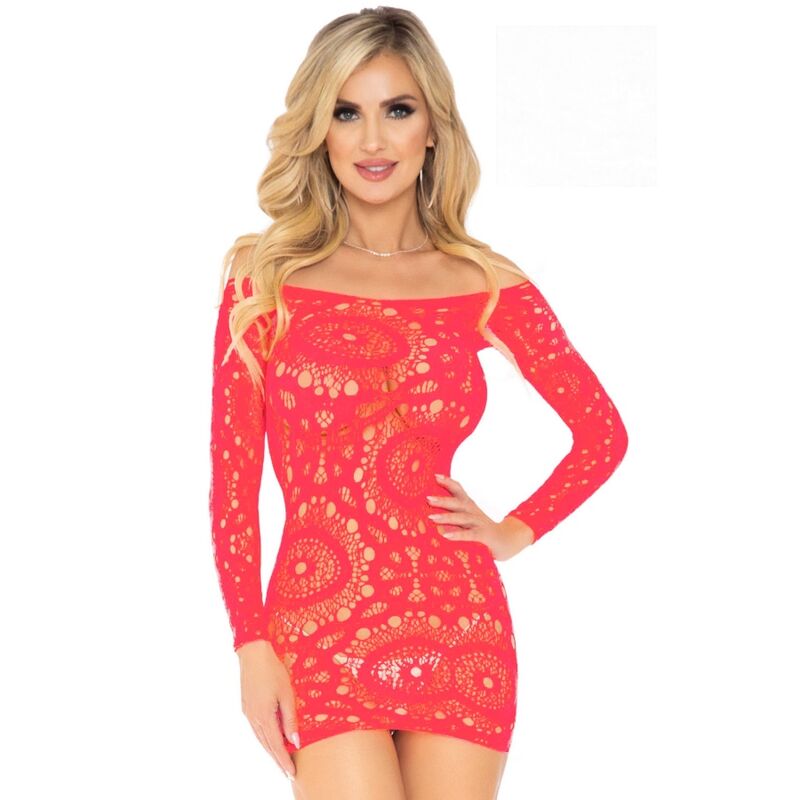 LEG AVENUE – MINI VESTIDO DE ENCAJES MANGA LARGA ROJO TALLA ÚNICA