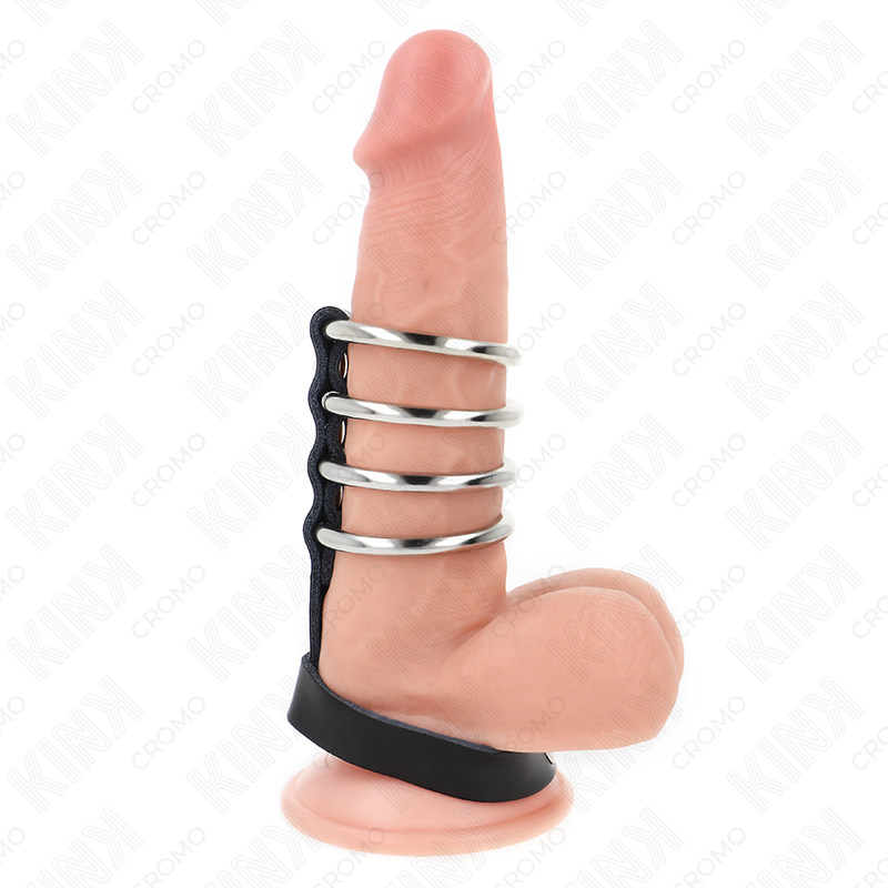 KINK – 4 ANILLOS PENE METAL 3.8 CM CONECTADOS CON CORREA DE CUERO 22 X 1.5 CM Y CIERRE A PRESIÓN