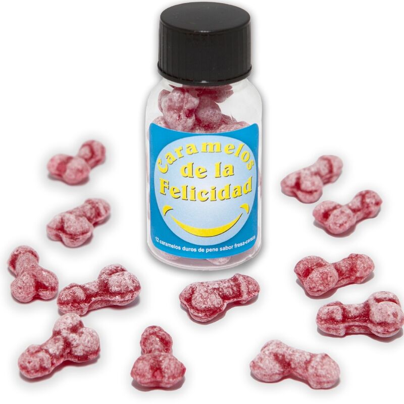 DIABLO PICANTE – BOTE 12 CARAMELOS DE LA FELICIDAD FORMA PENE FRESA/CEREZA