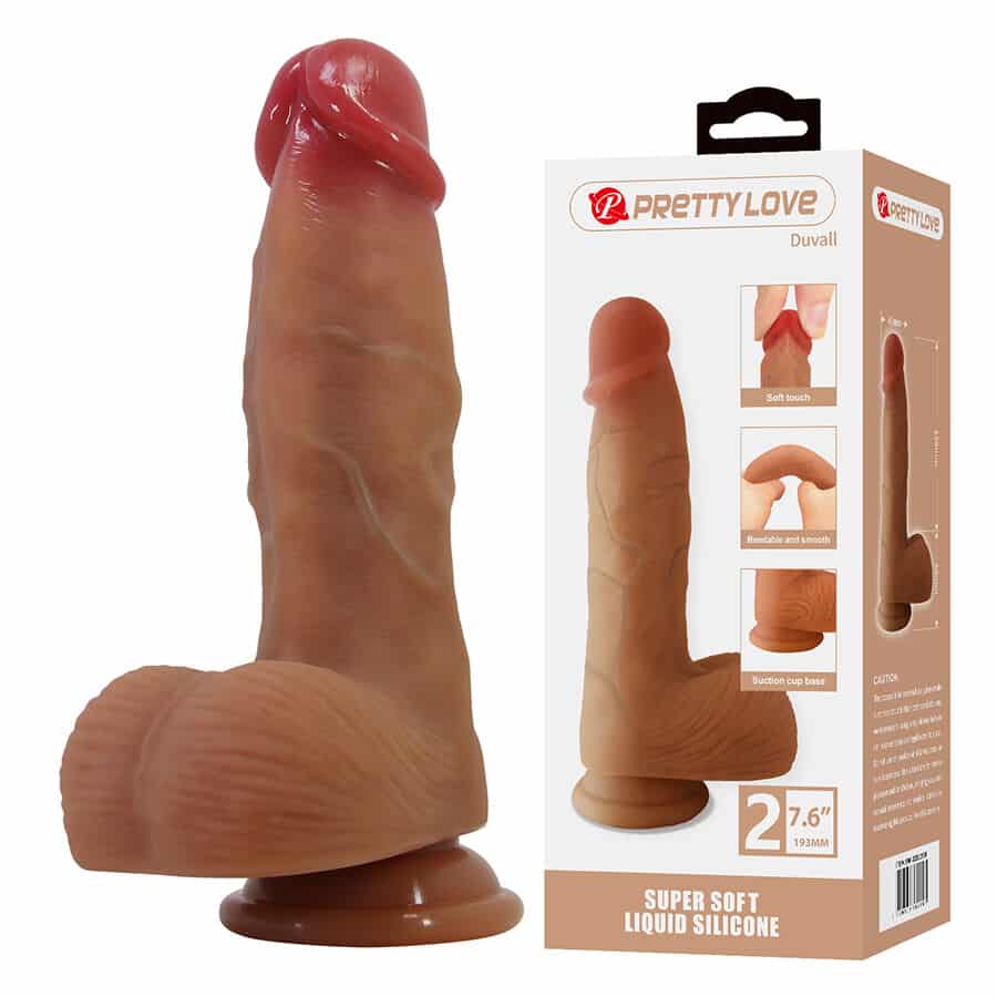 Dildo realístico Duvall de PRETTY LOVE con base de ventosa y caja del producto