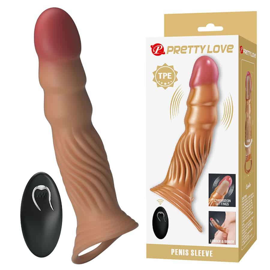 Funda texturizada para pene en tono piel, con mando negro y caja Pretty Love