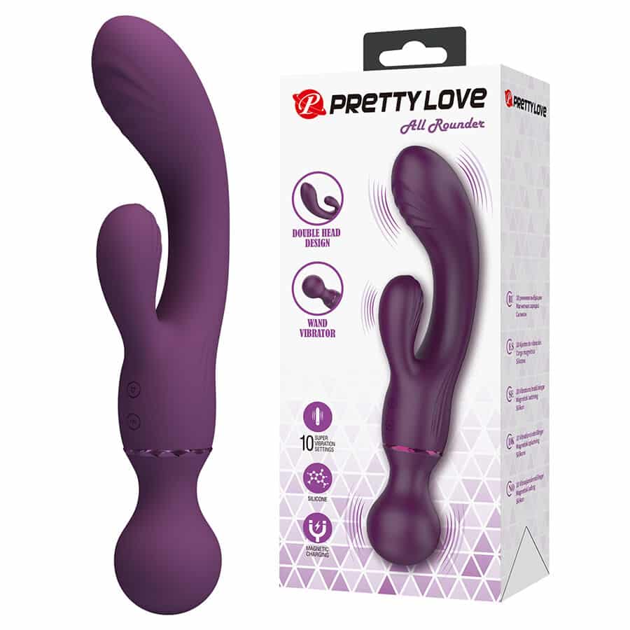 Vibrador morado de doble cabezal junto a su caja Pretty Love All Rounder