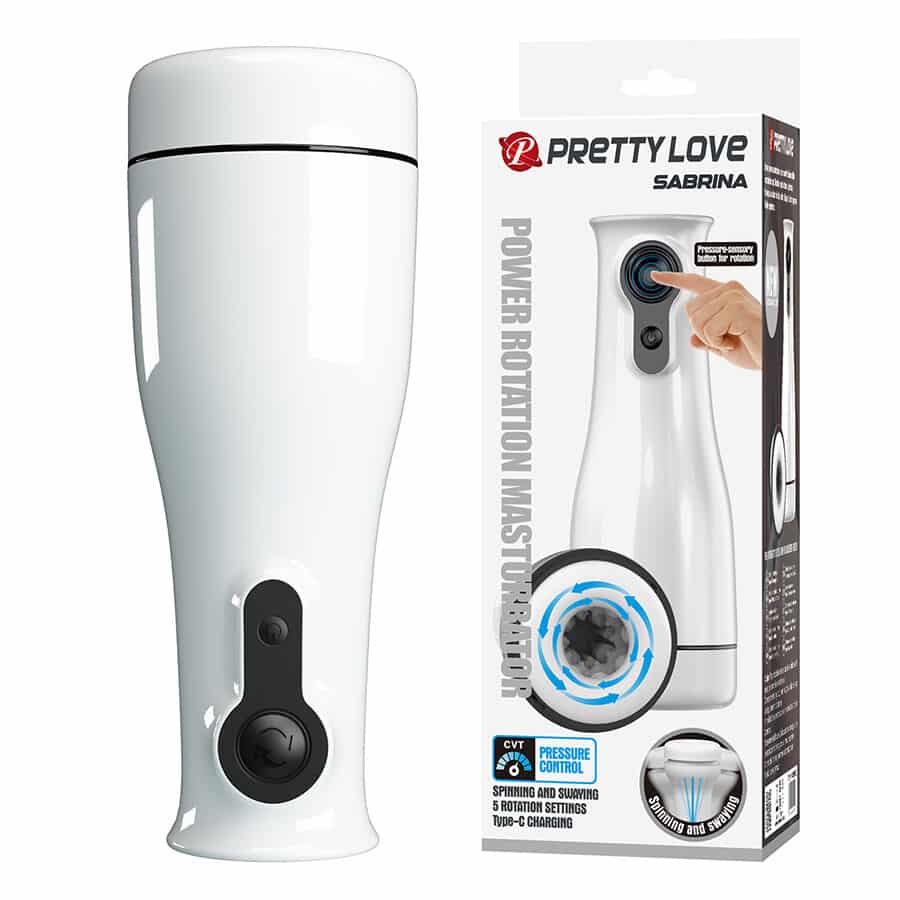Masturbador masculino blanco Pretty Love Sabrina con rotación y balanceo, junto a su caja