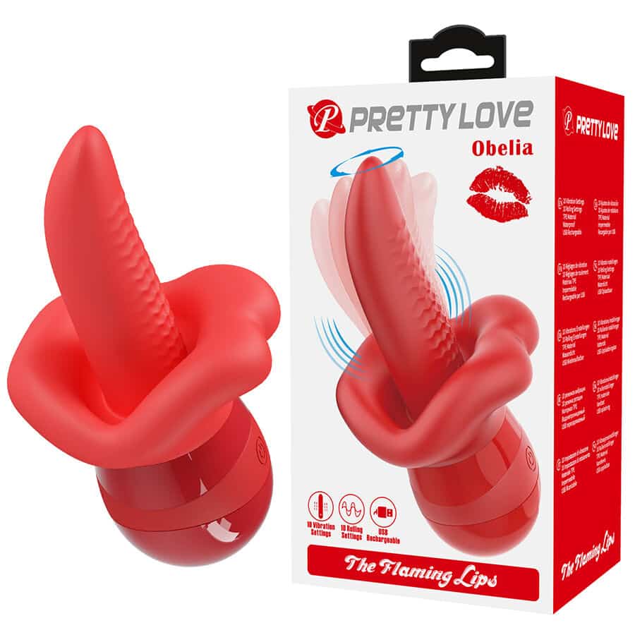 Masturbador lingual rojo Pretty Love Obelia junto a su caja, con la lengua estriada y base redondeada