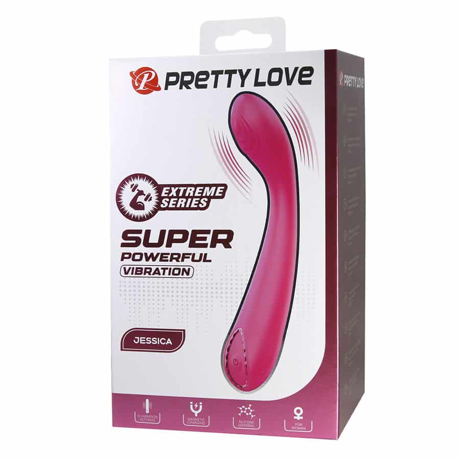 Caja del vibrador rosa Pretty Love Jessica, con la ilustración del producto y la etiqueta «Extreme Series