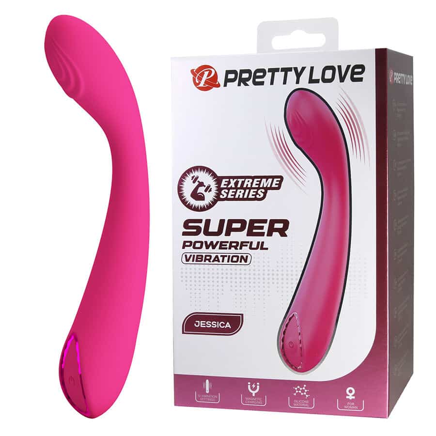Vibrador rosa curvado Pretty Love Jessica junto a su caja, que indica «SUPER POWERFUL VIBRATION