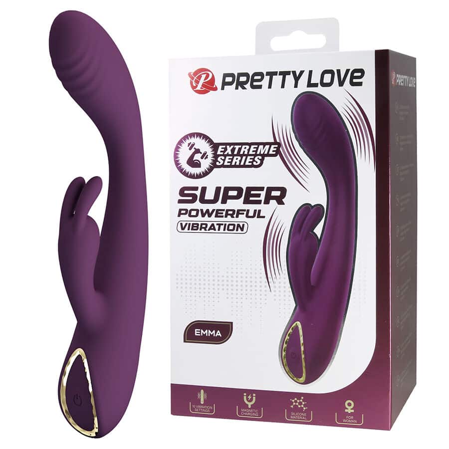 Vibrador rabbit morado Pretty Love Emma junto a su caja, con estimulador lateral y panel de control dorado