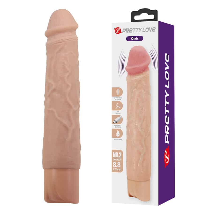 Vibrador realístico Pretty Love Osric color piel, junto a su caja morada y blanca