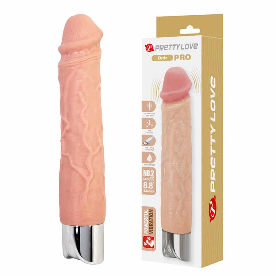 Vibrador Pretty Love Osric Pro en tono piel, junto a su caja dorada y blanca