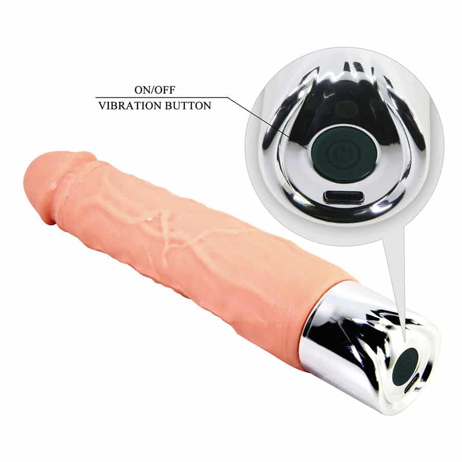 Vibrador realístico flexible Pretty Love Osric Pro en color salmón, con detalle del botón de encendido en la base
