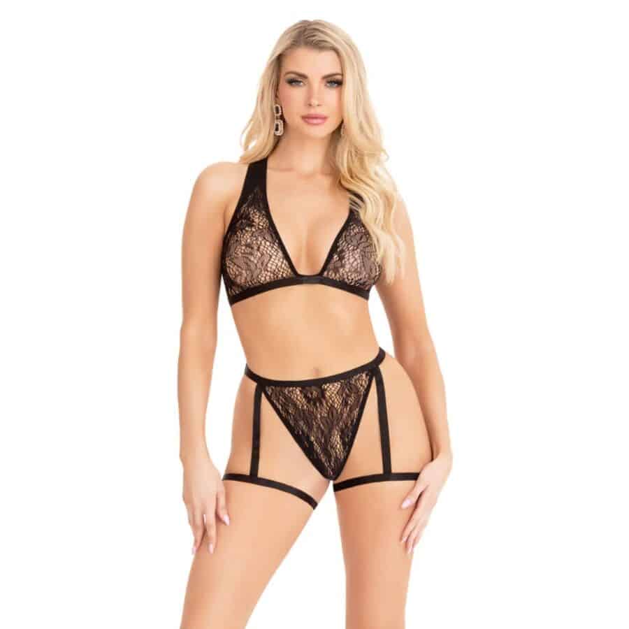 Leg Avenue – 86148 Top De Bra De Encaje Y Panty Con Ligueros Negro – Talla única