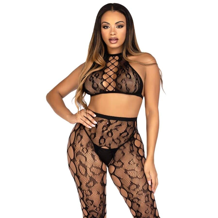 Leg Avenue – 89372 Crop Top Y Medias Sin Entrepierna Negro – Talla única