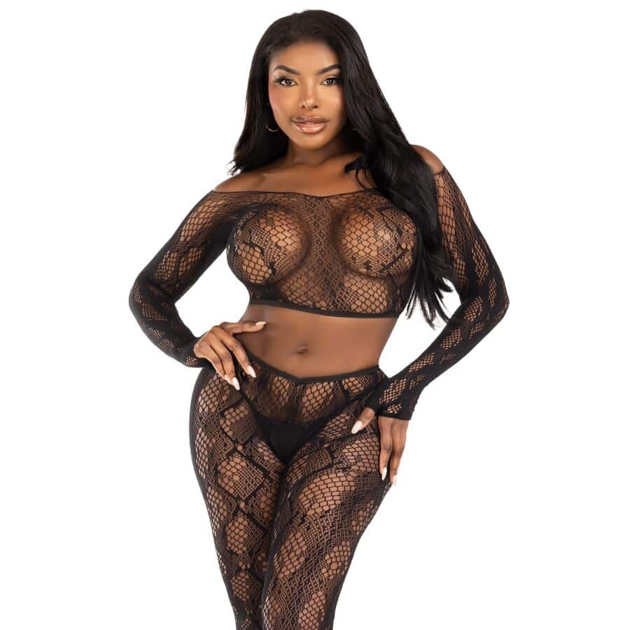 Leg Avenue – 89373 Crop Top Y Medias Sin Pie De Pitón Negro – Talla única