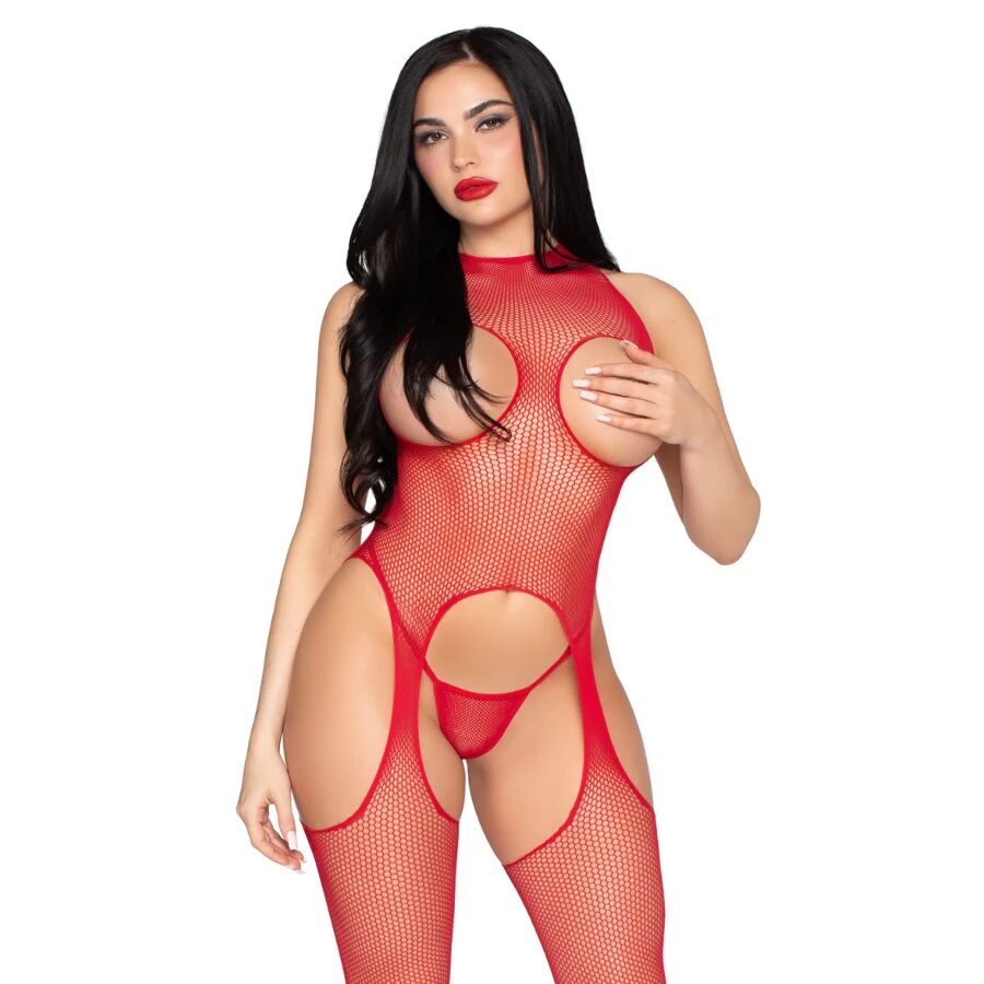 Leg Avenue – 89374 Bodystocking Sin Copas Y Panty Rojo – Talla única