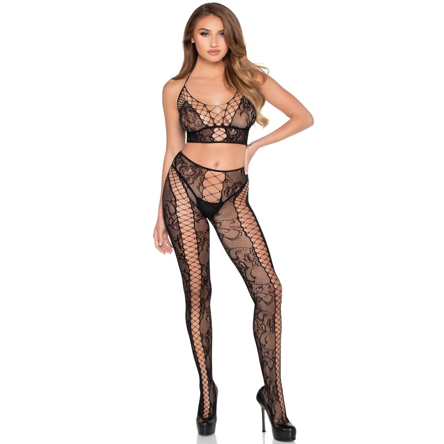 Leg Avenue – 89368 Crop Top De Red Y Encaje Con Medias Negro – Talla única