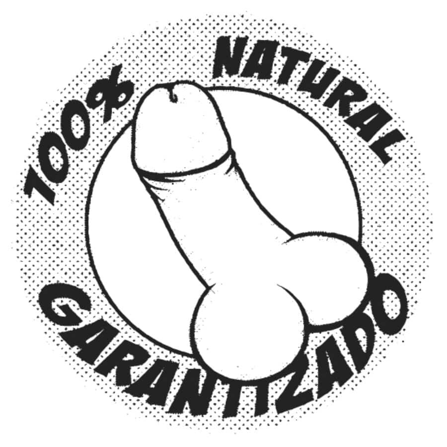 Dibujo de un pene dentro de un círculo con el texto «100% natural garantizado