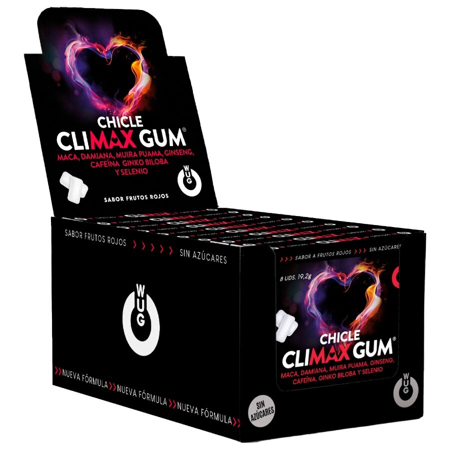 Expositor negro de chicles WUG Climax con envases de sabor frutos rojos y diseño de corazón de colores