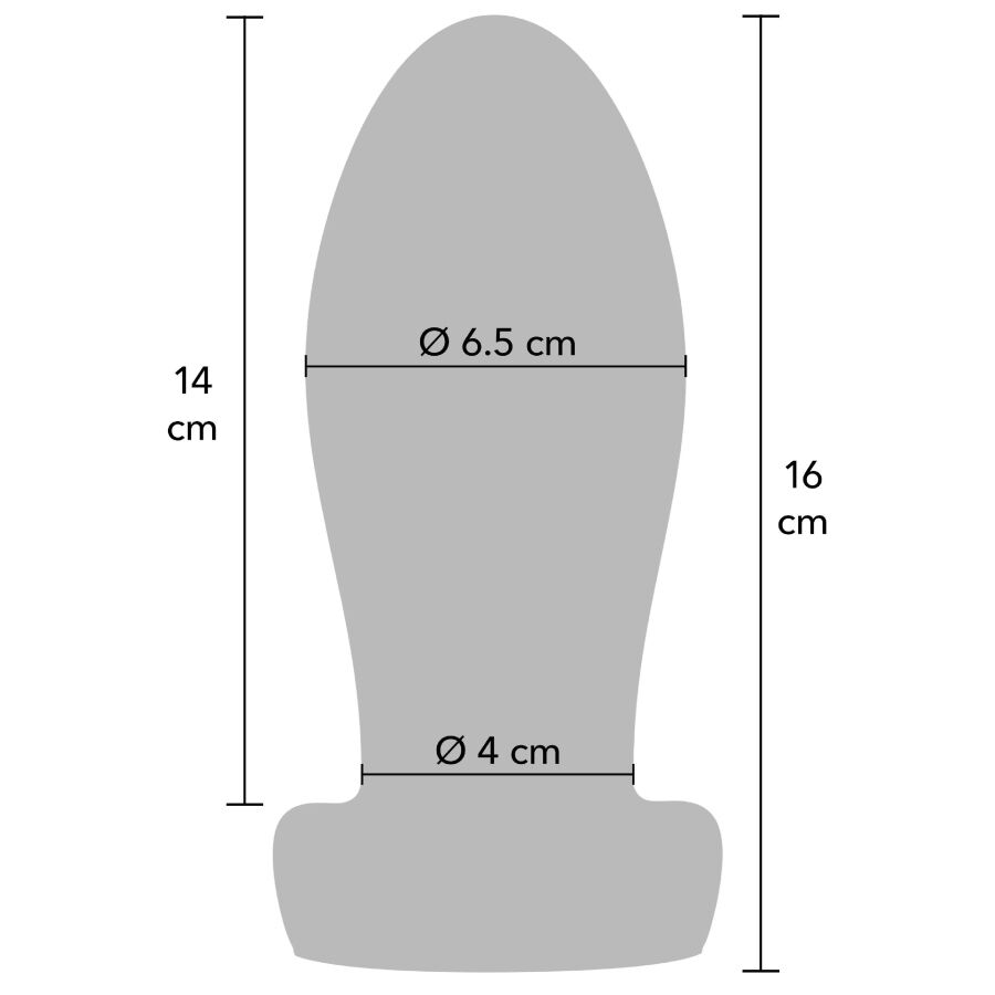 Esquema del plug anal Extreme Heavy de HIDDEN DESIRE con medidas de 16 cm, 14 cm y diámetros de 6,5 y 4 cm