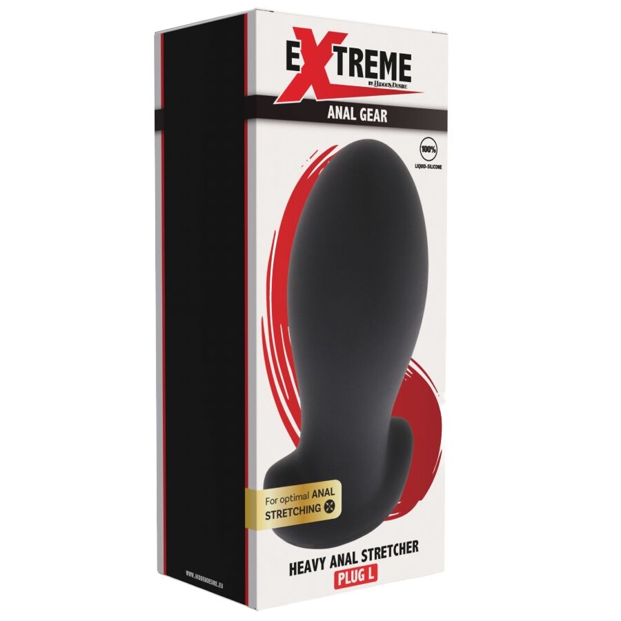 Envase del plug anal Heavy Anal Stretcher Plug L de HIDDEN DESIRE, con el juguete negro ilustrado en el frontal