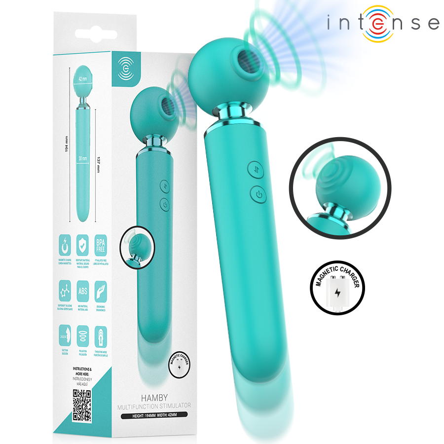 Estimulador Intense Hamby turquesa con cabezal redondo, botones en el mango y caja del producto