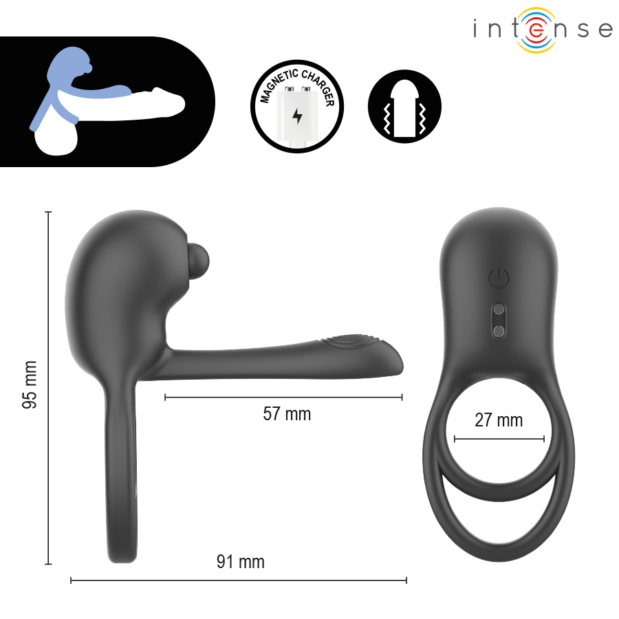 Anillo vibrador negro Intense Spike con controles y cotas de 95, 91 y 57 mm
