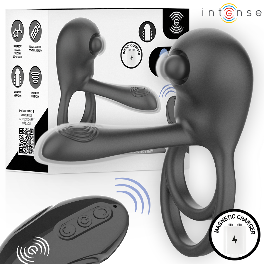 Anillo vibrador gris INTENSE Spike con mando a distancia y caja, mostrado junto a un detalle de carga magnética