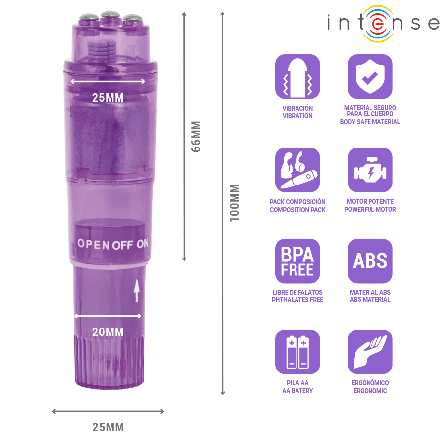 Masajeador mini Kurt de INTENSE lila con cuatro cabezales y medidas indicadas en la imagen