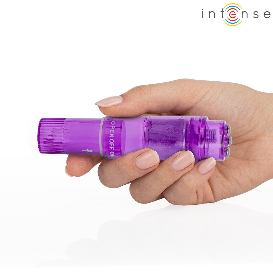 Masajeador mini Kurt de INTENSE FUN TOYS en lila, sostenido en una mano con cuatro cabezales visibles