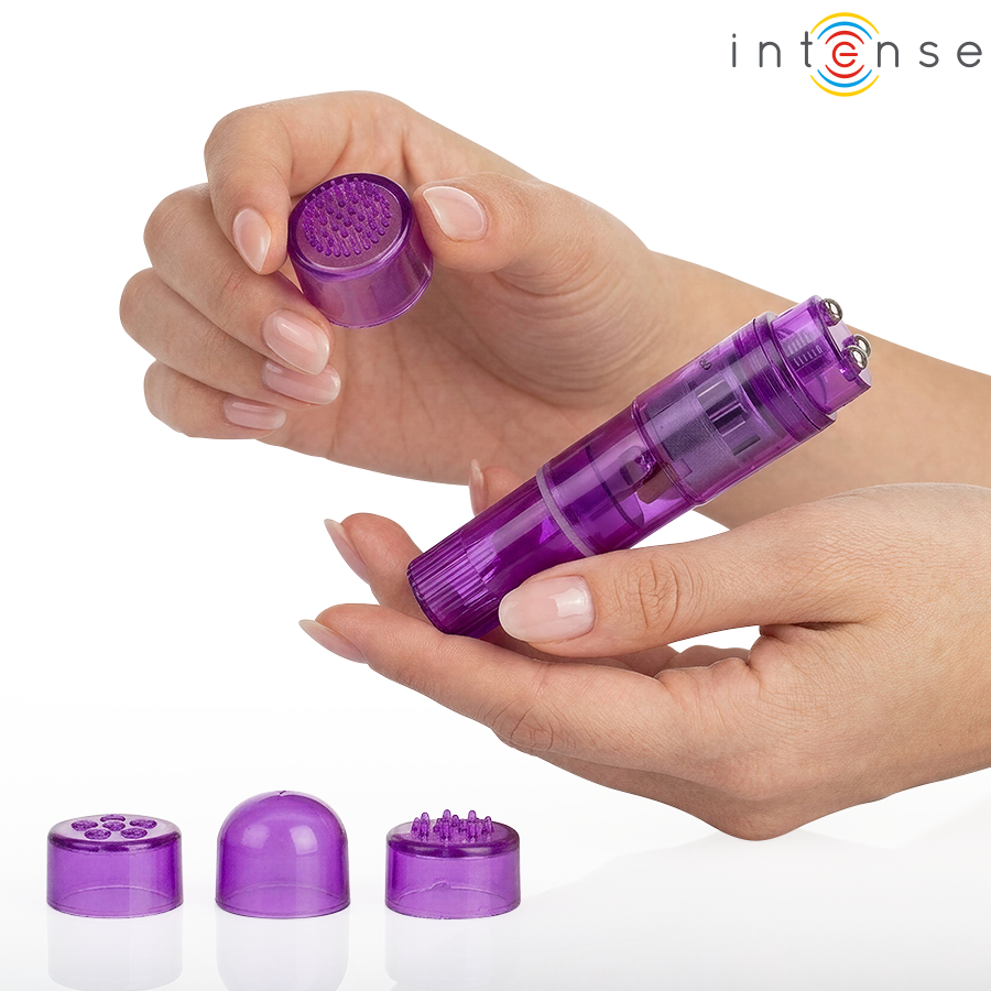 Masajeador mini lila Intense Kurt con un cabezal desmontado y tres cabezales intercambiables visibles