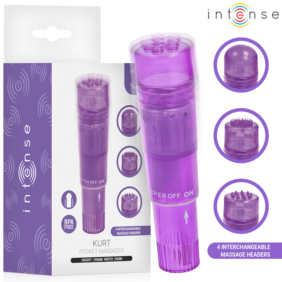 Mini masajeador lila Kurt de Intense con cuatro cabezales intercambiables y su envase