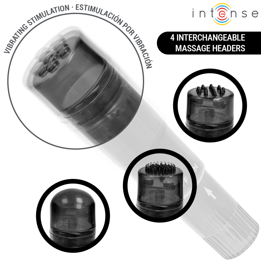 Masajeador negro INTENSE Kurt Mini con cuatro cabezales intercambiables mostrados alrededor