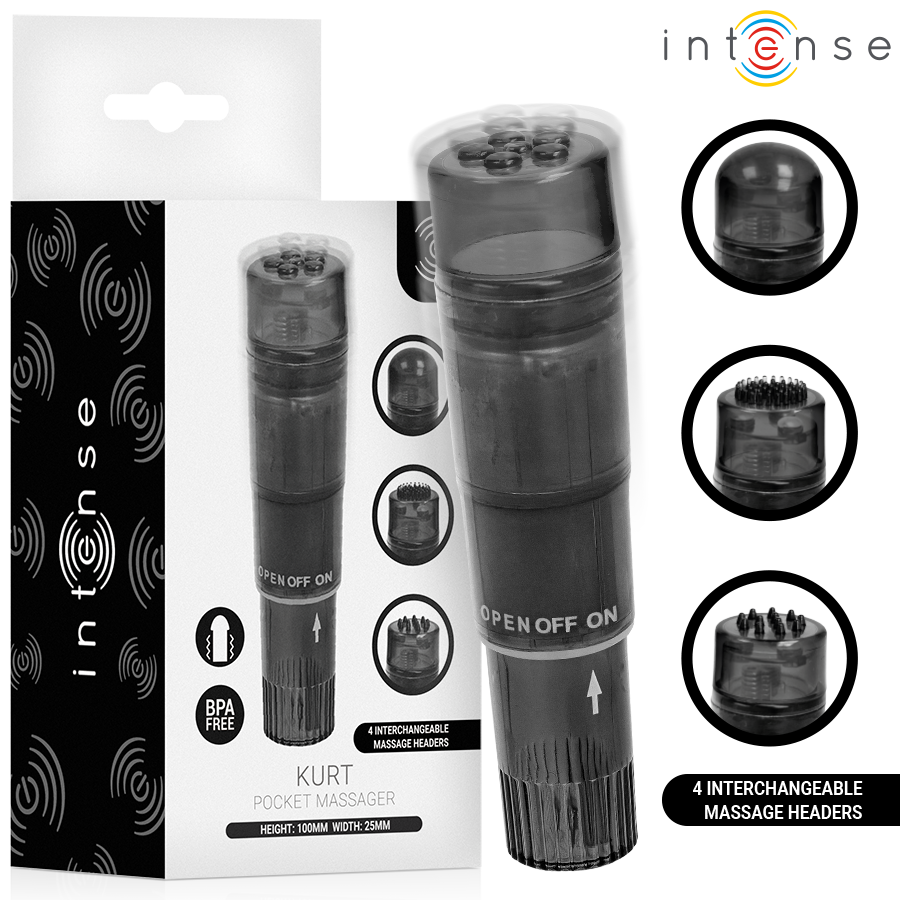 Masajeador negro Intense Kurt Mini junto a su envase y cuatro cabezales intercambiables