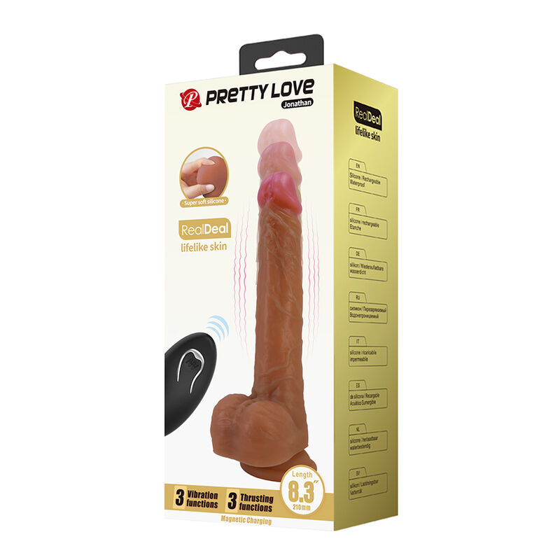 Vibrador realista marrón Pretty Love en su caja, con control remoto negro visible