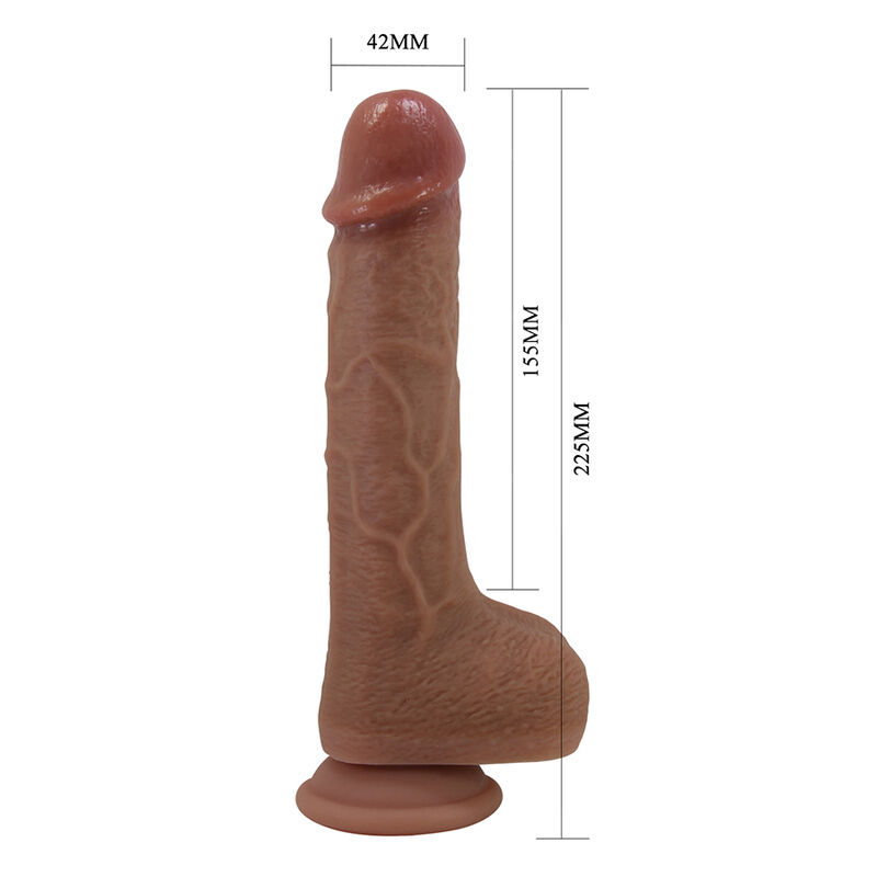 Vibrador realístico marrón con base de ventosa y medidas indicadas en la imagen