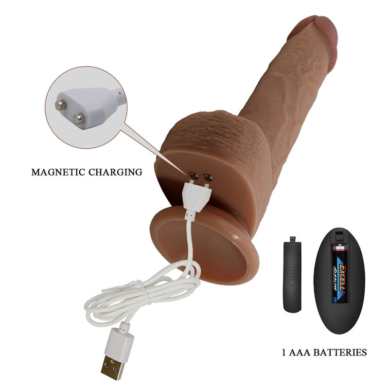 Vibrador realístico marrón con cable de carga magnética y mando a distancia con pila AAA