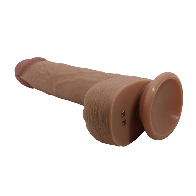 Vibrador realístico marrón con relieve y base de ventosa, visto de lado