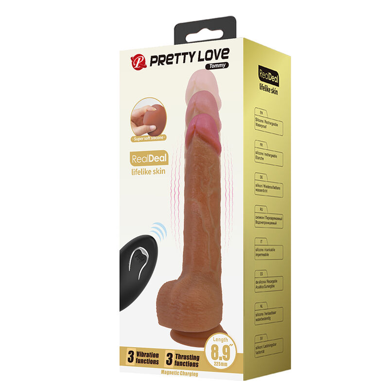 Vibrador realístico marrón oscuro Pretty Love Tommy en su caja, con el mando a distancia ilustrado